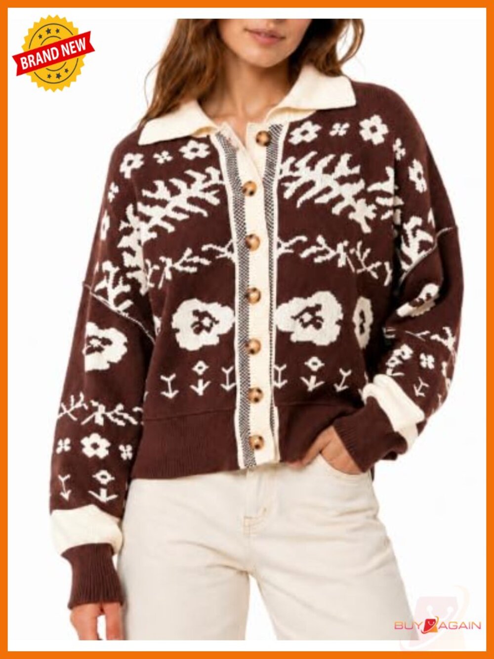 Boho Floral Cropped Knit Cardigan Button Down Long Sleeve Cotton Sweater